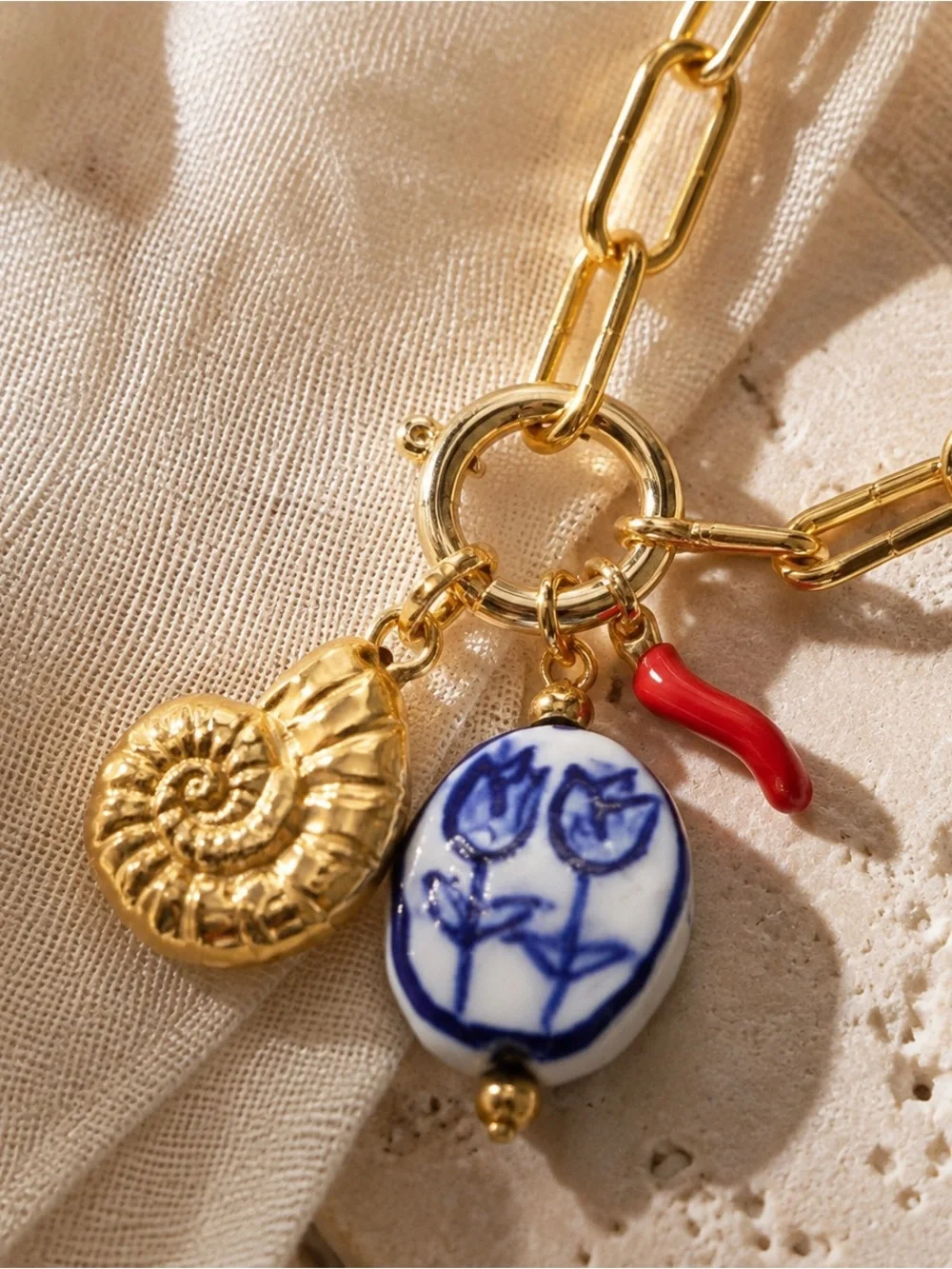 Gold Tone Ceramic Tulip and Sun Charm Paperclip Chain Necklace